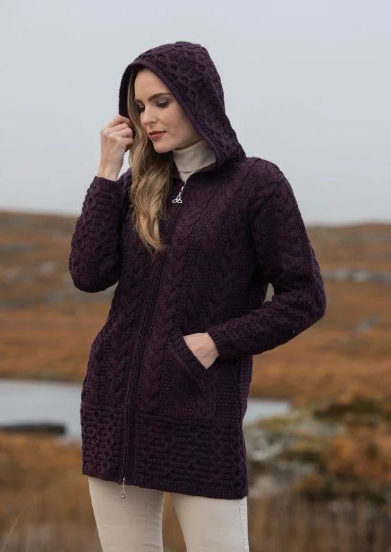 Aran Hooded Cardigan With Celtic Knot Zipper | Plum Open Front Closed Front Wrap Front