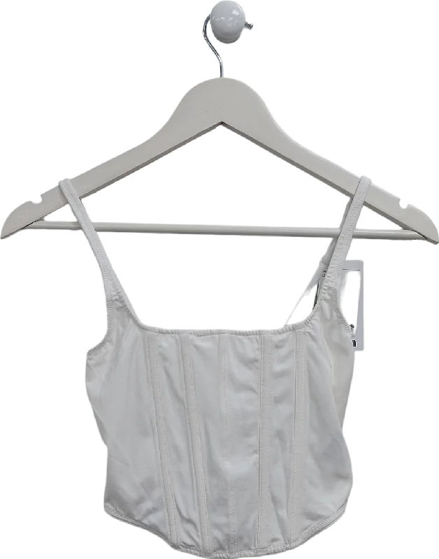 H&M White Strappy Corset Crop Top UK XS Asymmetrical Pockets Print
