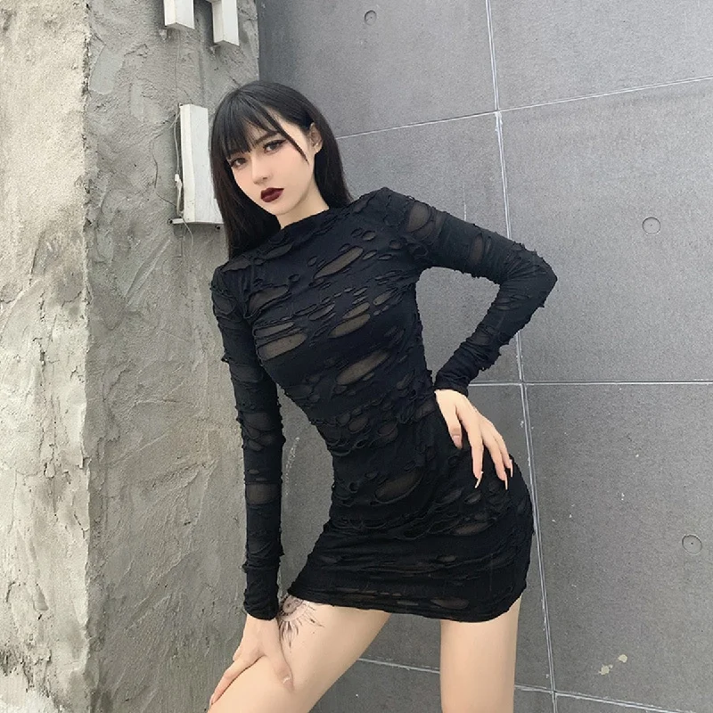 Helisopus New Gothic Black Mini Dress Streetwear Rock Punk Hollow Retro High Waist Long Sleeve Bodycon Party Dresses Tunics Office stylish