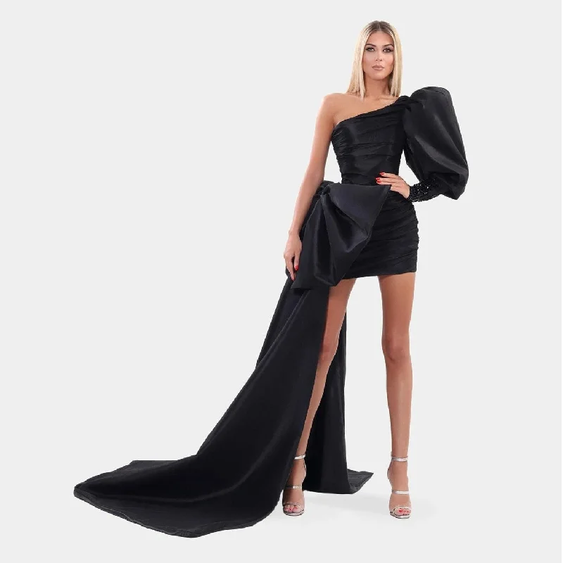 Zjkrl - High End Black Mini Sheath Evening Dresses With Ribbon One Shoulder Puff Sleeves Sexy Short Prom Gowns Beaded Formal Dress Tunics Velvet soft