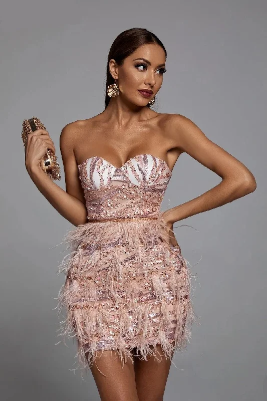 High Quality Pink Sequin Feather Mini Dress Fashion Strapless Night Club Party Bodycon Dress Vestidos Tunics Hiking breathable