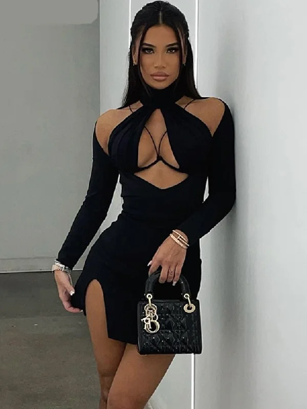 Hollow Wrap Sexy Dress Women Long Sleeve Autumn Trend Turtleneck Side Split Mini Bodycon Birthday Party Slim Clubwear Tunics Sophisticated sleek