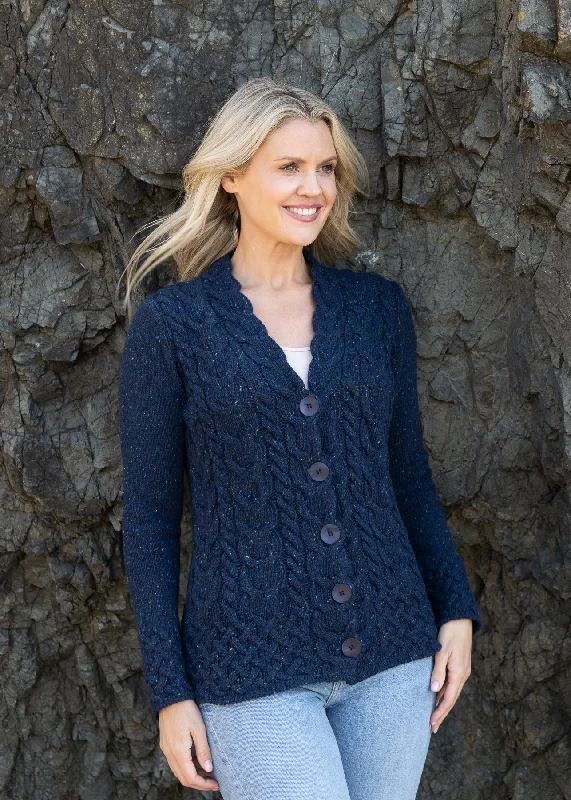 IrelandsEye Horseshoe Aran Cardigan | Rich Navy Bright Pastel Dark