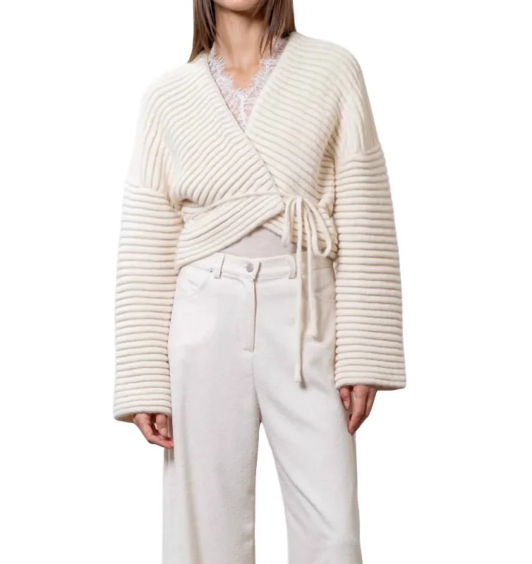 Ina Side Tie Cardigan In Ivory Cable Knit Ribbed Knit Lace Knit