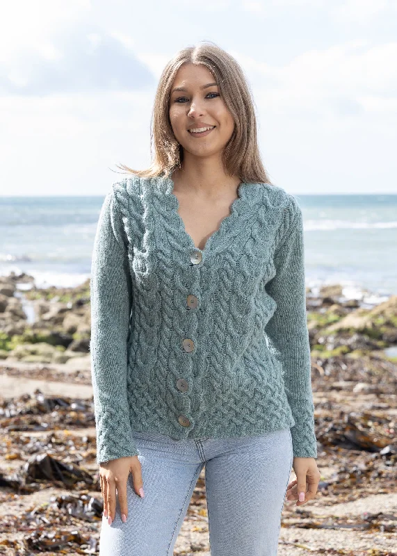 IrelandsEye Horseshoe Aran Cardigan | Ocean Mist Front Pockets Side Pockets Patch Pockets