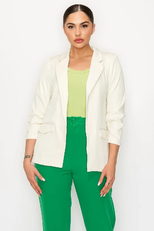 Ruched Sleeves Solid Blazer Women's Boutique Suit