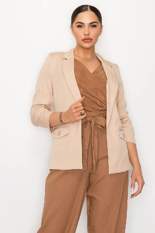 Ruched Sleeves Solid Blazer Women's Handmade Blazer