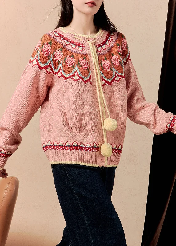 Jacquard Pink Button Lace Up Knit Cardigan Winter Button Cardigan Zip Cardigan Pullover Cardigan