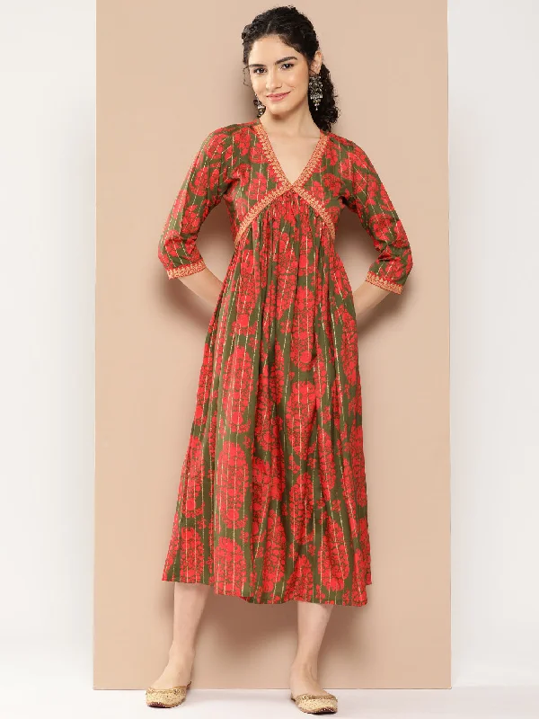 Green & Red Floral Print Flared A-Line Midi Dress Tunics Distressed trendy