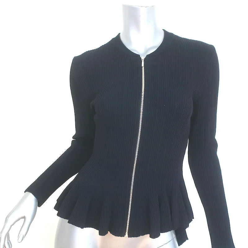 Jonathan Simkhai Zip-Front Peplum Cardigan Black Ribbed Knit Size Medium Cable Knit Ribbed Knit Lace Knit