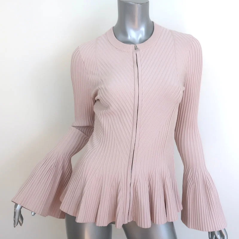 Jonathan Simkhai Zip-Front Peplum Cardigan Blush Ribbed Knit Size Medium Crew Neck V-Neck Turtle Neck