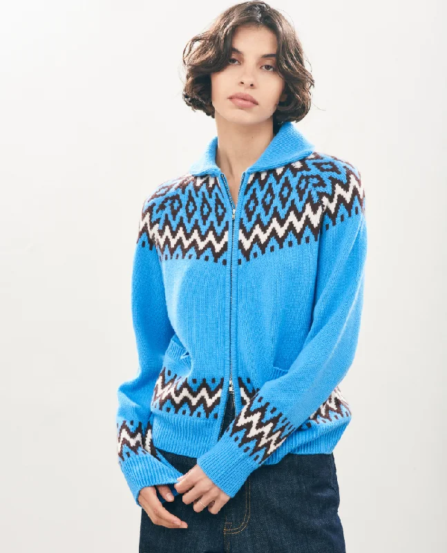 Jumper1234 Ski Sky Blue Zip Cardigan Print Jacquard Patchwork