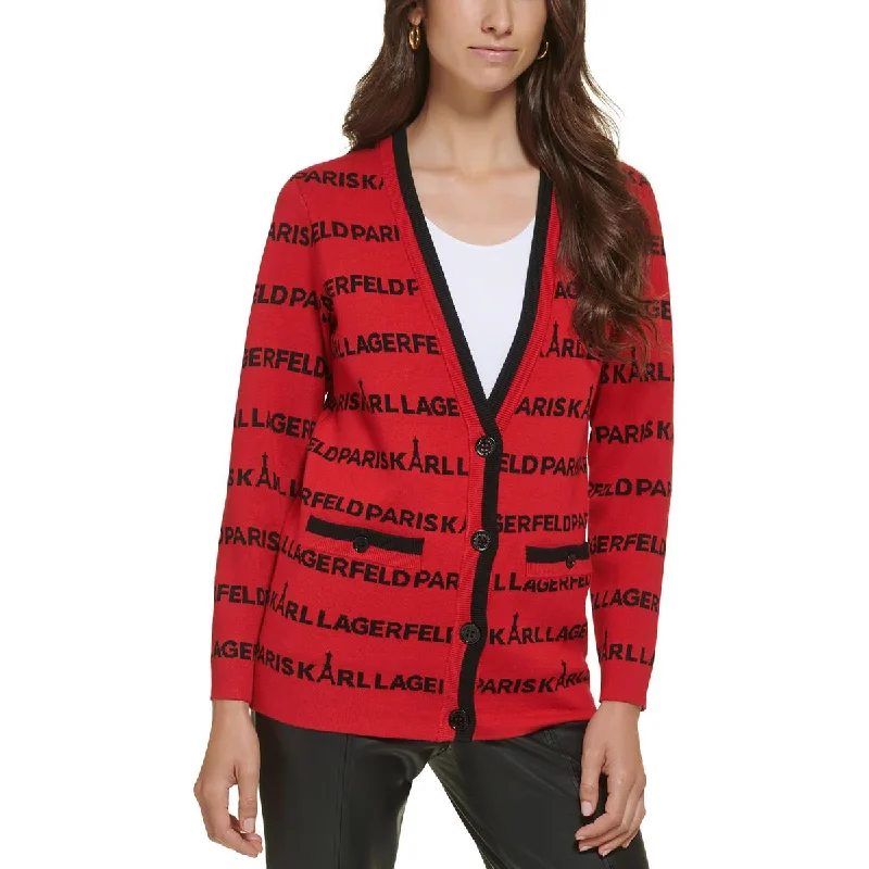 Karl Lagerfeld Paris Womens Logo Button Down Cardigan Sweater Open Front Closed Front Wrap Front