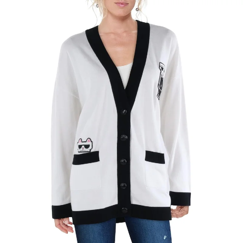 Karl Lagerfeld Paris Womens Logo Button Down Cardigan Sweater Collared Crew Neck Turtle Neck