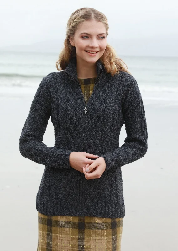 Aran Women's Zipper Cardigan | Charcoal Cotton Fabric Linen Fabric Terry Fabric