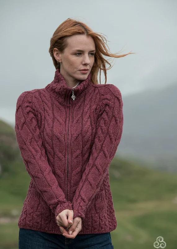 Aran Full Zip Cardigan | Raspberry Wool Fabric Cashmere Fabric Tweed Fabric