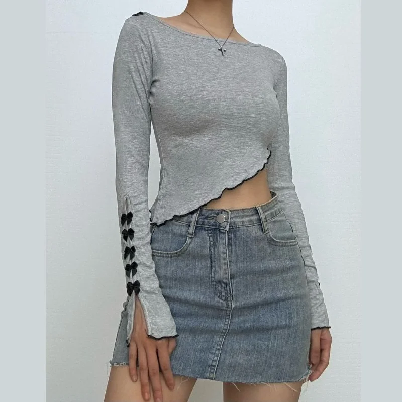 Long sleeve bowknot ruffle crop top Knit Fabric Woven Fabric Fleece Fabric