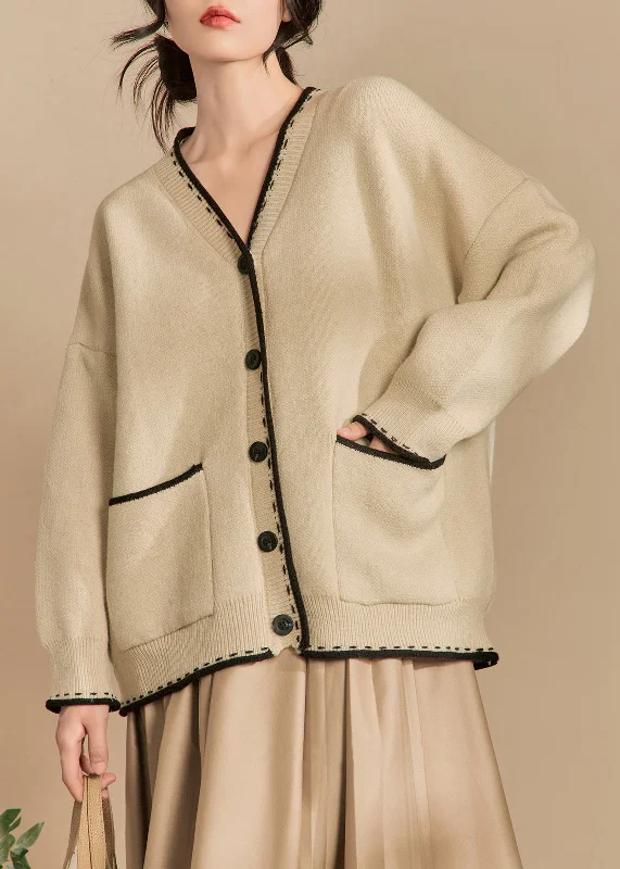 Loose Beige Button Pockets Cotton Knit Cardigan Winter Fleece Cardigan Nylon Polyester