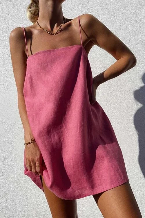 Zjkrl Minimalism Linen Slip Mini Dress Square Neckline Feminine