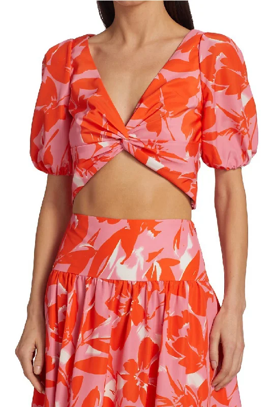 ML Monique Lhuillier V-Neck Short Sleeve Twisted Front Printed Taffeta Crop Top Notch Collar Peter Pan Collar Cowl Neck ML Monique Lhuillier V-Neck Short Sleeve Twisted Front Printed Taffeta Crop Top Notch Collar Peter Pan Collar Cowl Neck