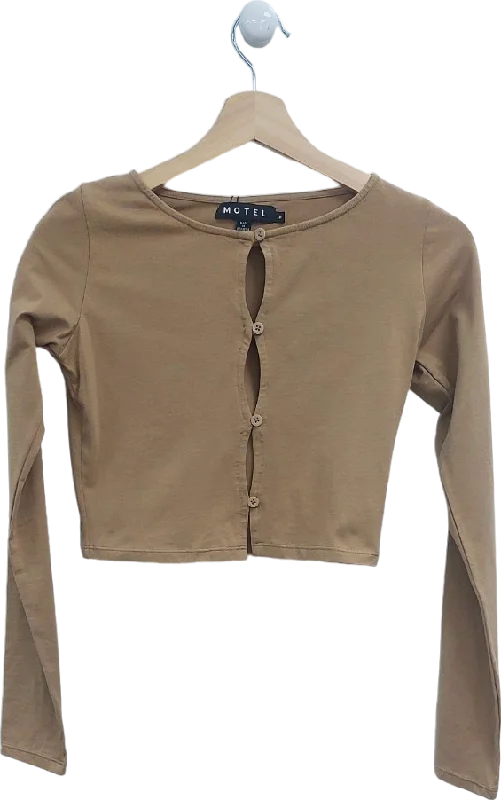 Motel Beige Long Sleeve Button Crop Top UK M Hooded Caped Shawl Collar