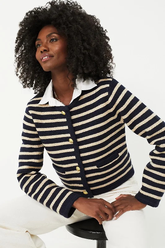 Navy & Tan Stripe Annie Structured Cardigan Notch Collar Peter Pan Collar Cowl Neck