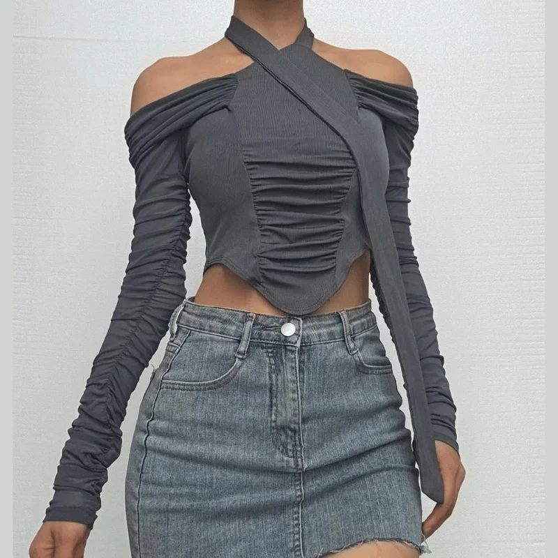 Off shoulder halter ruched crop top Crop Top Seamless Stretchy