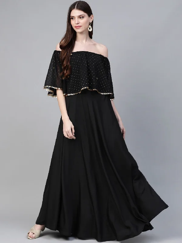 Black & Golden Foil Printed Detail Off-Shoulder Layered Maxi Dress Tunics Timeless classic