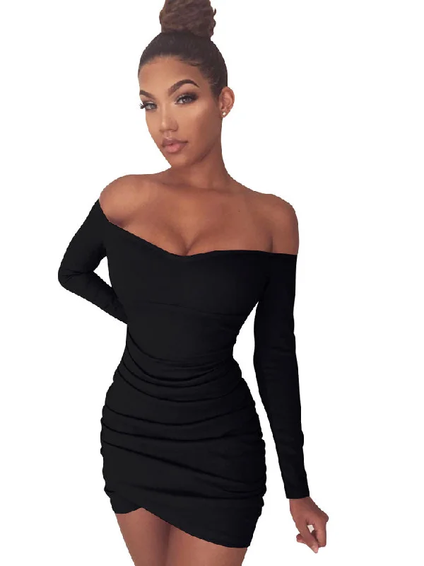 Off Shoulder Long Sleeve Club Mini Dresses Tunics Gym athletic