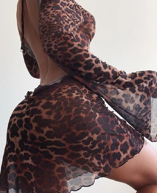 Party Night Sexy Leopard Backless See-Through Clubwear Women Clothing Flared Sleeves Lace Up Bodycon Mini Street Dresses A-Line Day Work