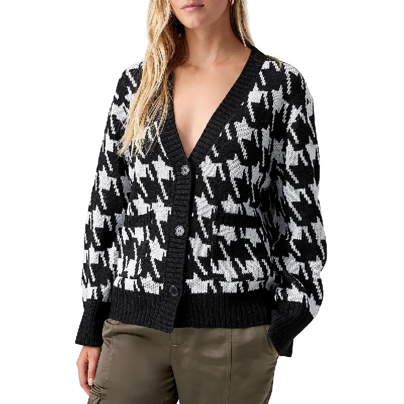 Sanctuary Womens Warms My Heart Houndstooth Button-Down Cardigan Sweater Patchwork Embroidered Appliqued