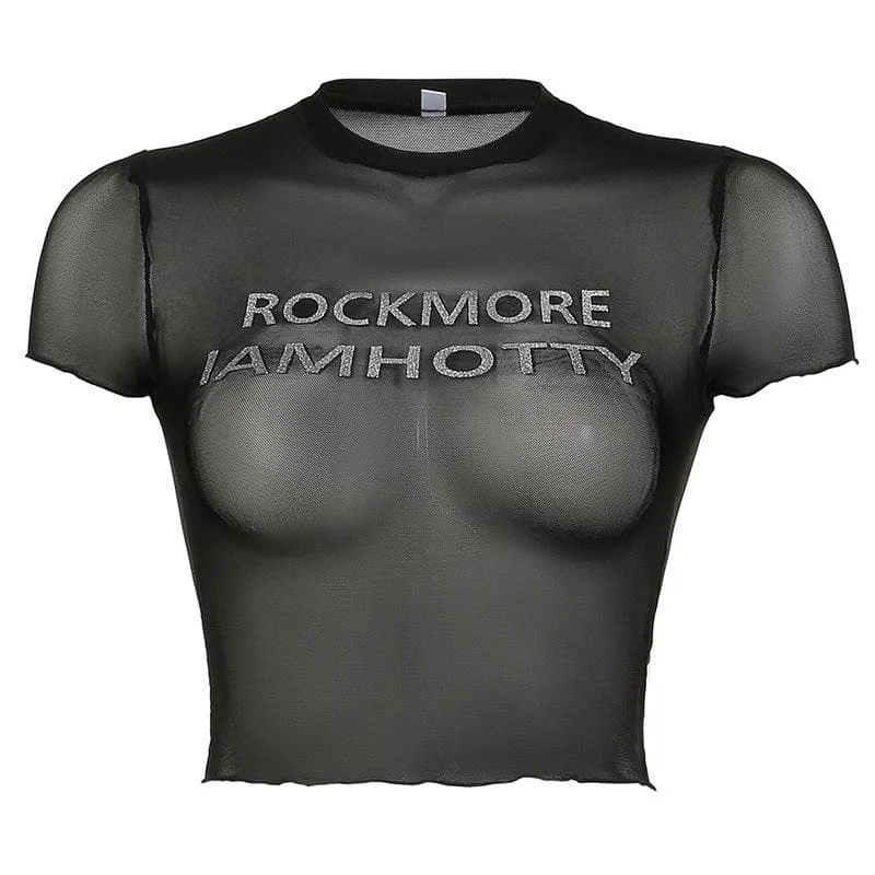 Short sleeve sheer mesh letter print crop top Summer Crop Top Casual Short Sleeve