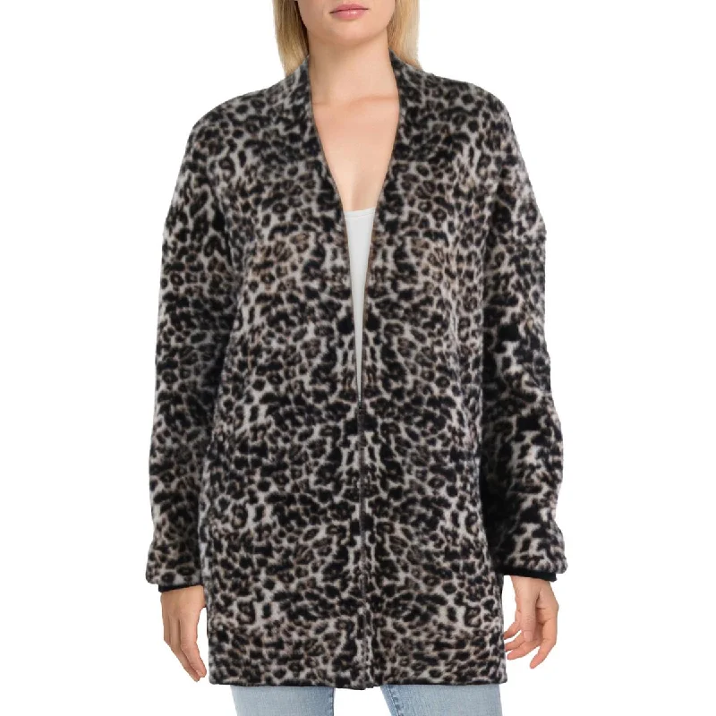 Stella + Lorenzo Womens Fleece Leopard Cardigan Sweater Welt Pockets Slit Pockets Flap Pockets