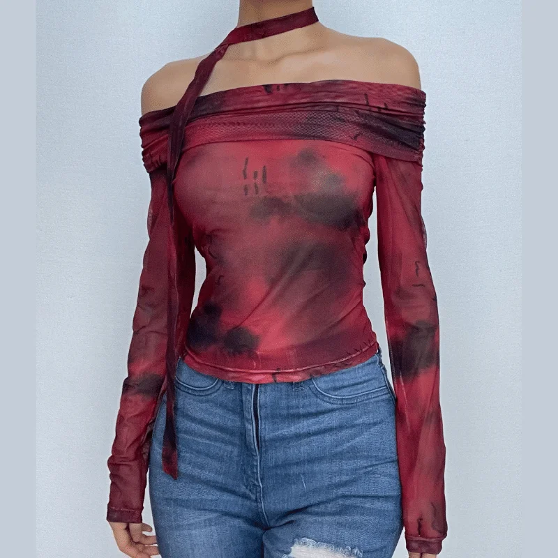 Tie dye off shoulder long sleeve contrast crop top Notch Collar Peter Pan Collar Cowl Neck Tie dye off shoulder long sleeve contrast crop top Notch Collar Peter Pan Collar Cowl Neck