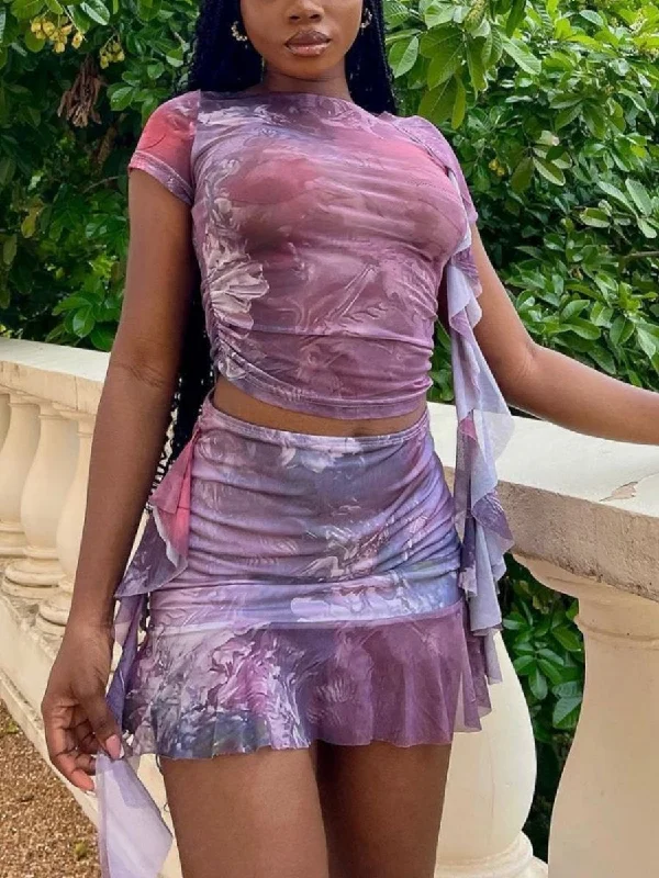 Tie Dye Print Ruffled Fringe Crop Top and Mini Skrt Two Piece Set Mesh Canvas Denim