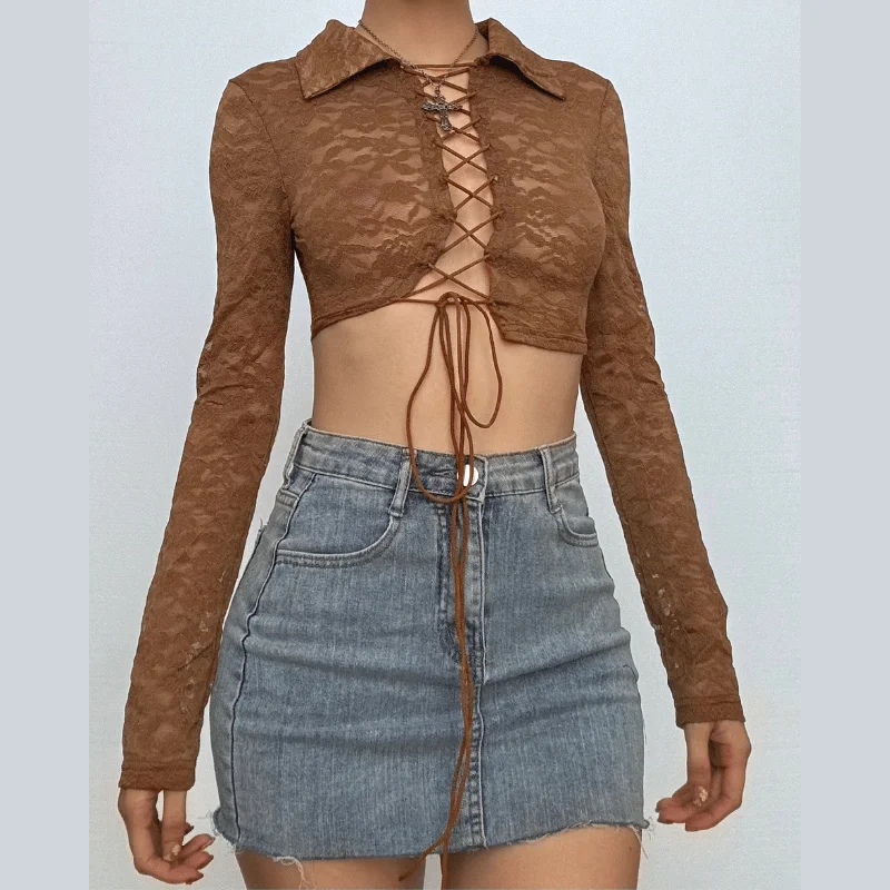 Turnover collar long sleeve lace up lace crop top Front Pockets Side Pockets Patch Pockets Turnover collar long sleeve lace up lace crop top Front Pockets Side Pockets Patch Pockets