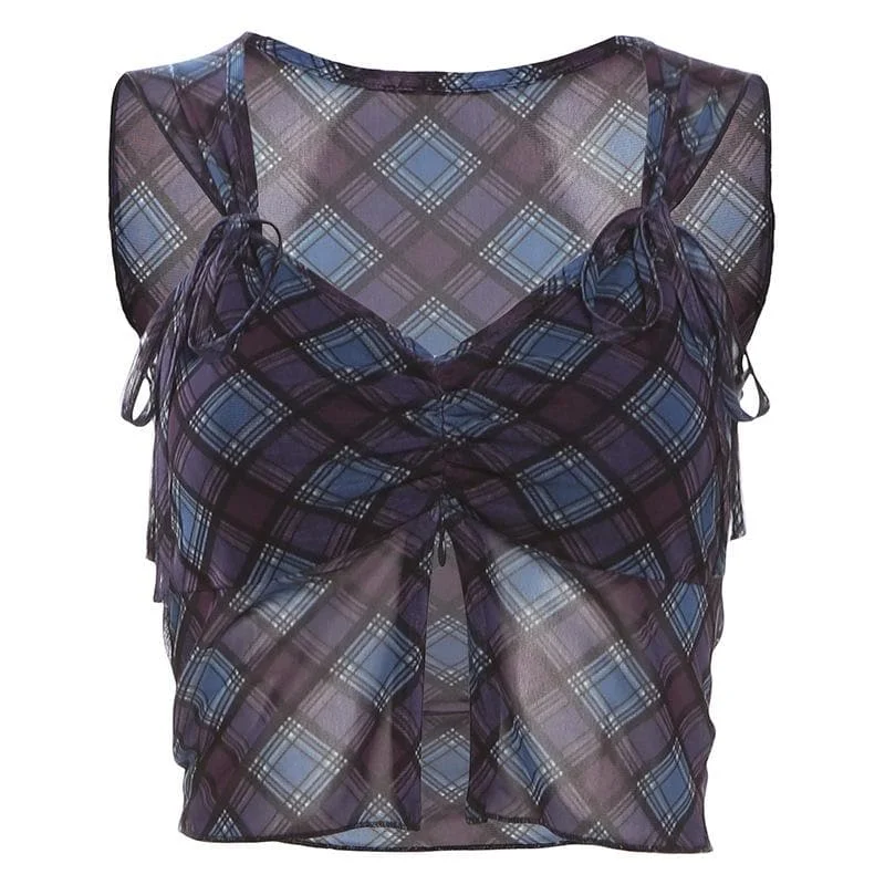 V neck plaid print bowknot crop top Ribbed Crop Top High Neck Heavyweight