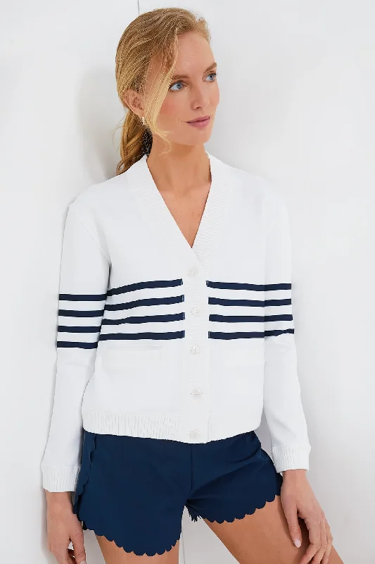 White Striped Charley Cardigan Mesh Cardigan Canvas Denim