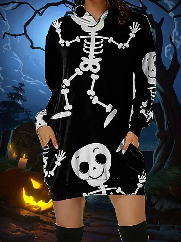 Women‘s Halloween Dress Casual Dress Hoodie Dress Mini Dress Fashion Daily Outdoor Vacation V Neck Pocket Print Skull Pumpkin Spider Loose Fit Black White Red S M L XL XXL Tunics Ceremony elegant