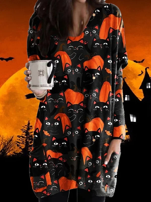 Women‘s Halloween Dress Casual Dress Shift Dress Print Dress Print Pocket Print V Neck Mini Dress Active Fashion Vacation Long Sleeve Loose Fit Light Yellow Black Yellow Fall Winter S M L XL XXL Tunics Designer luxury