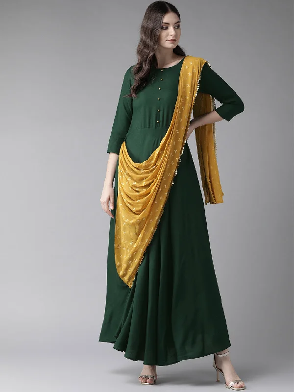 Green & Mustard Yellow Solid Maxi Dress With Attached Dupatta Tunics Luxurious high-end