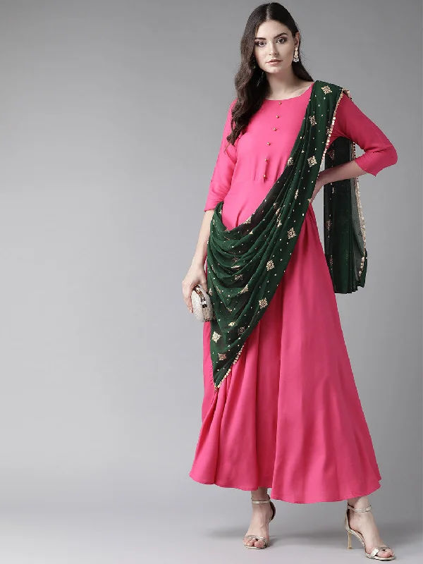 Dark Pink & Green Ethnic Dress Tunics Versatile all-occasion