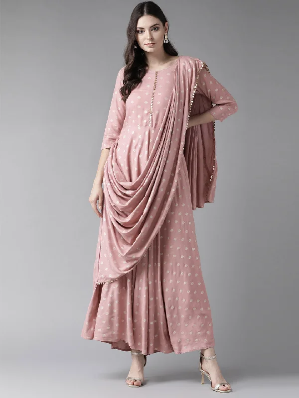 Pink & Golden Printed Maxi Dress With Attached Dupatta Off-the-shoulder Chic Trendy