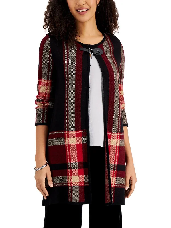 Womens Plaid Flyaway Cardigan Sweater Spandex Rayon Corduroy