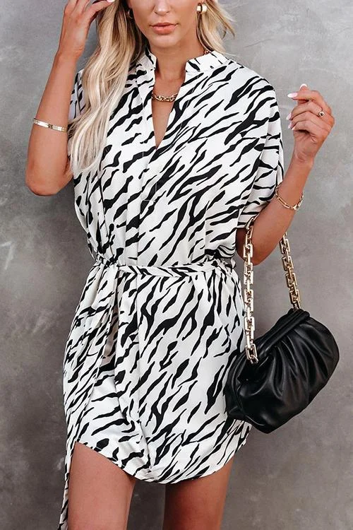 Zebra Belted Shirt Mini Dress Tunics Running lightweight