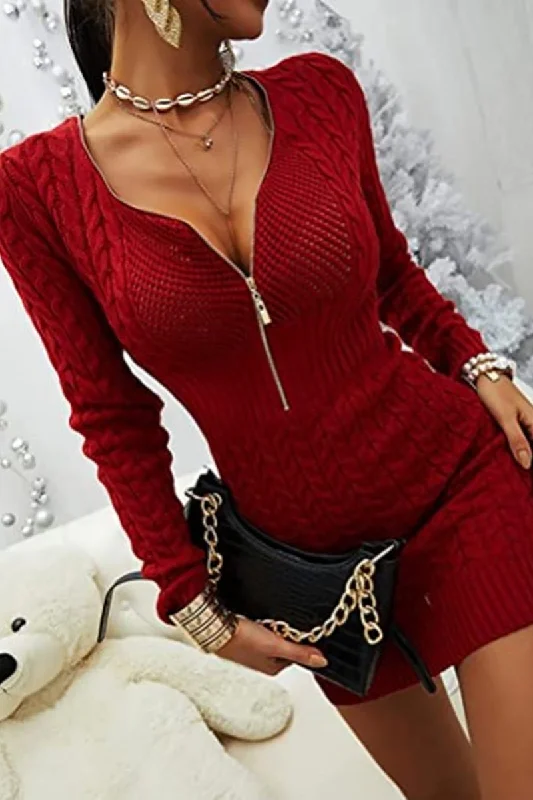 Zipper V Neck Bodycon Sweater Dress Tunics Vintage classic