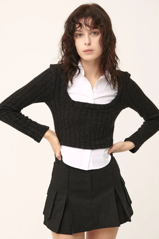 Amelia Shirt Inset Crop Top Spandex Blend Rayon Blend Denim Blend