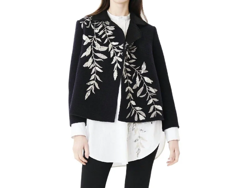 Beaded Embroidery Open Front Wool Blazer In Black Women's Party Jacket