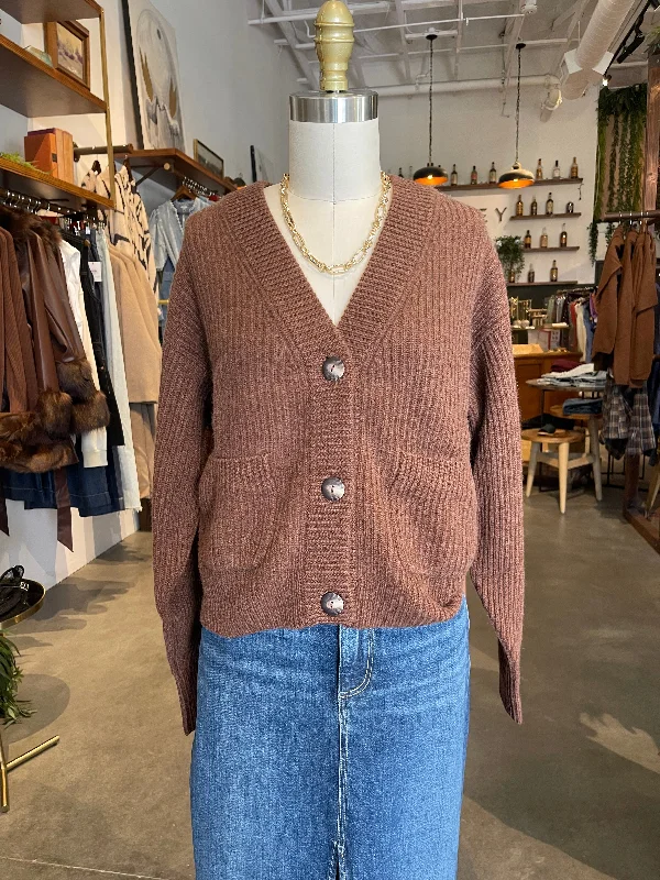 Brown Cashmere Cardigan Welt Pockets Slit Pockets Flap Pockets