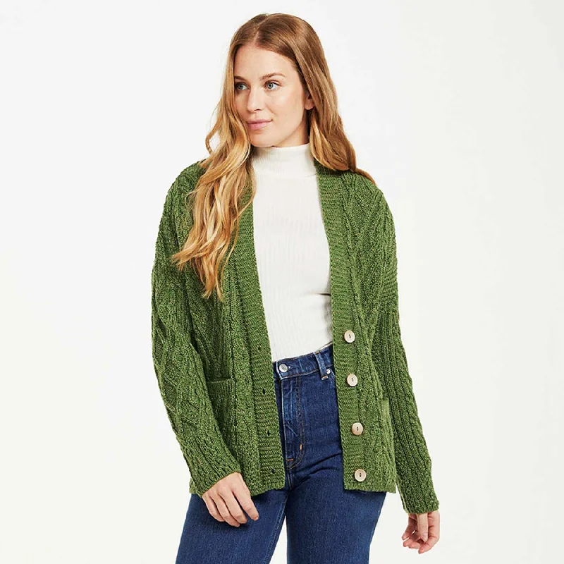 Aran Knit Trellis Button Cardigan- Green Modern Contemporary chic